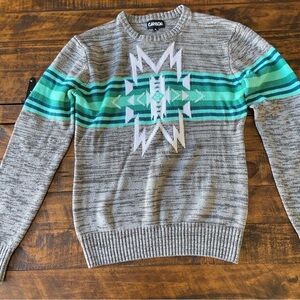 CARBON- Gray, Turquoise Aztec Crewneck Sweater Size Small